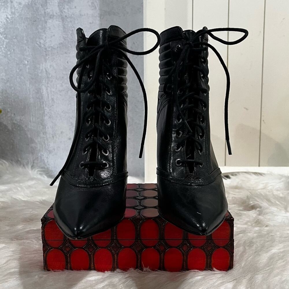 Nine West Leather Lace-up Retro Granny Moto Ankle Stiletto Heeled Boots 5.5 NWOT - Picture 7 of 13